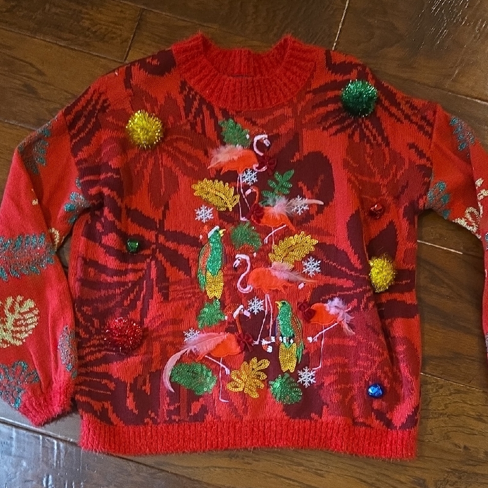 Festive Red Sweater with Colorful Embellishments